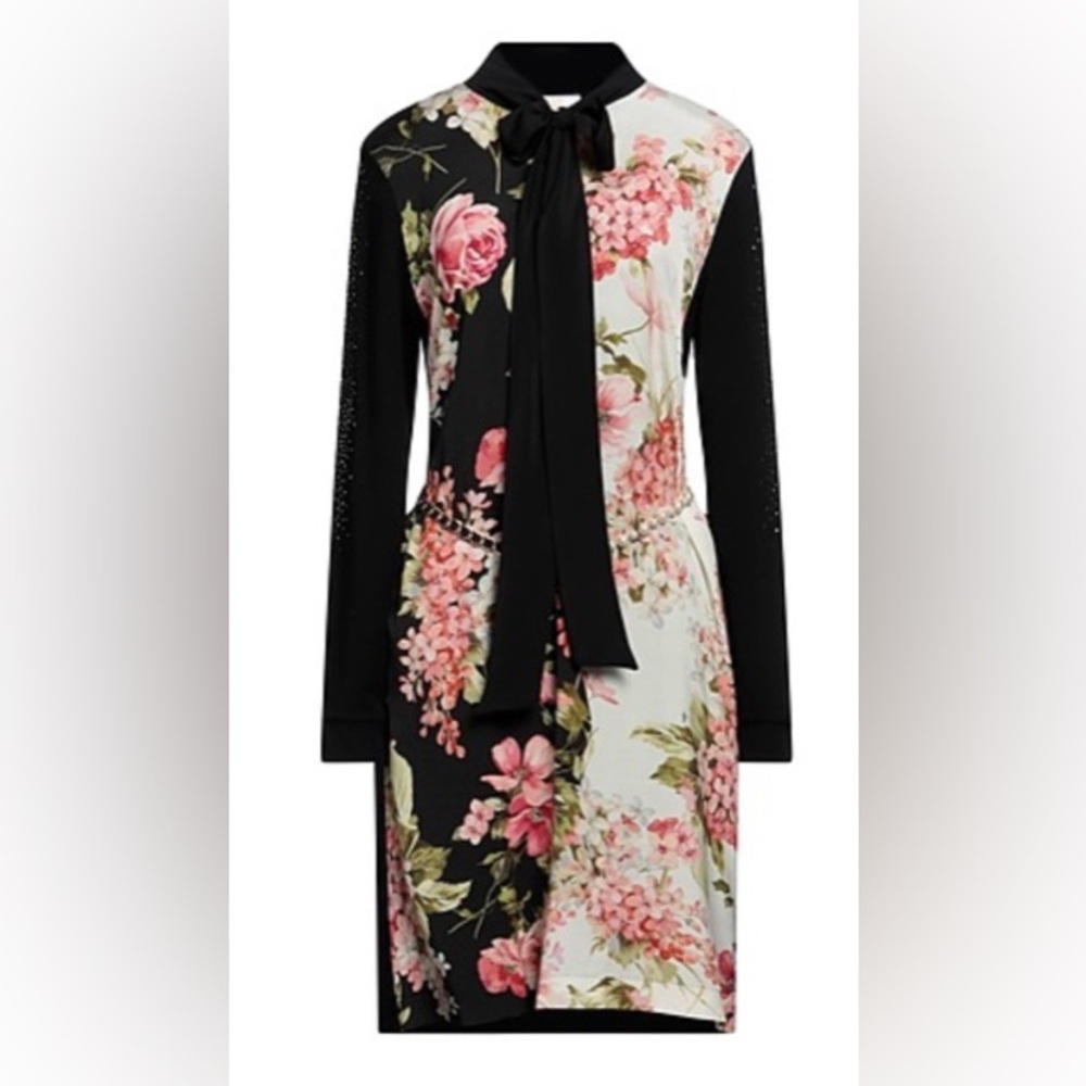 Floral print two tone knit sleeve dress